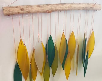 Hand made recycled glass wind chimes with drift wood style hanger : Greenish tones