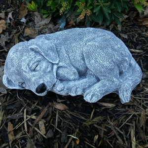 Könnte beinhalten: Eine graue Betonskulptur eines schlafenden Welpen. Die Skulptur ist detailliert mit realistischem Fell und zeigt eine zusammengerollte Pose.