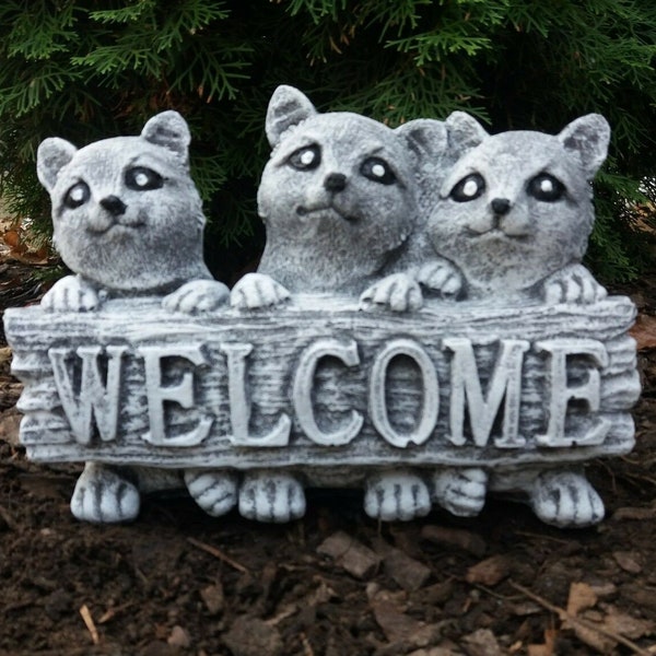 Steinfigur Katzen WELCOME Frostfest Steinguss Garten Deko Katze Kitten Haustier