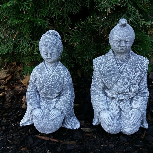 Steinfigur 2-er Set Samurai und Geisha Japan Buddha massiv Steinguss Frostfest