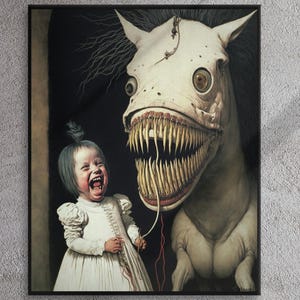 Surreal Child and Horse Canvas Art: Dark Academia Goth Decor