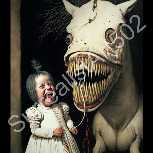 Horse and Child Art, Horror Gifts, Thin Canvas, Dark Academia Art, Goth Home Decor, Disturbing Art, Halloween Art, Halloween Decorations