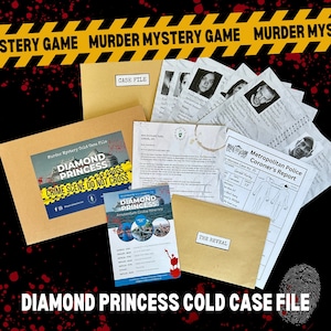 May include: A brown cardboard box with the words "Diamond Princess Cold Case File" and "Crime Scene Do Not Cross" printed on it. The box is open and contains a variety of documents and papers, including a police report, a coroner's report, and a letter. There is also a small brochure for a cruise ship called the "Diamond Princess".
