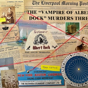 May include: A vintage-style collage of newspaper clippings, photographs, and ephemera related to a fictional murder mystery. The title "The "Vampire of Albert Dock" Murders Three" is prominently displayed, along with a red string connecting various elements of the collage. The collage includes a newspaper article, a poster for a play, a map, and a photograph of a woman. The text "Motive?" is written on a yellow sticky note.