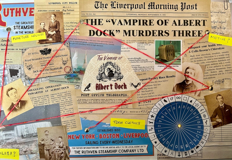 May include: A vintage-style collage of newspaper clippings, photographs, and ephemera related to a fictional murder mystery. The title "The "Vampire of Albert Dock" Murders Three" is prominently displayed, along with a red string connecting various elements of the collage. The collage includes a newspaper article, a poster for a play, a map, and a photograph of a woman. The text "Motive?" is written on a yellow sticky note.