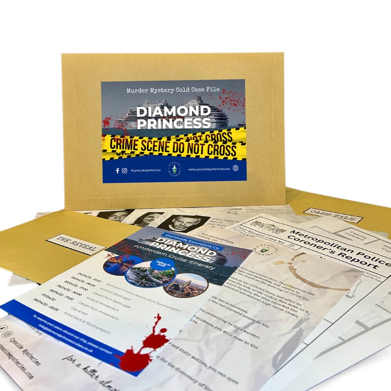 May include: A murder mystery game set in a brown envelope with a crime scene do not cross tape and the words "Diamond Princess" in red. The game includes a cruise itinerary, a coroner's report, and other documents.