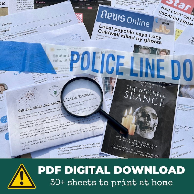 Pu&ograve; includere: Un download PDF stampabile per un gioco di mistero omicidio. La copertina presenta un nastro della polizia "non oltrepassare", una lente d'ingrandimento, un articolo di giornale su uno psichico locale e un poster per una seduta spiritica. Il testo sul poster recita "The Witchell Seance".