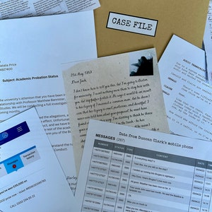 May include: A collection of documents, including a "CASE FILE" folder, a letter, and a transcript, suggesting a detective or investigation theme. The papers include handwritten notes, printed text, and a photo.