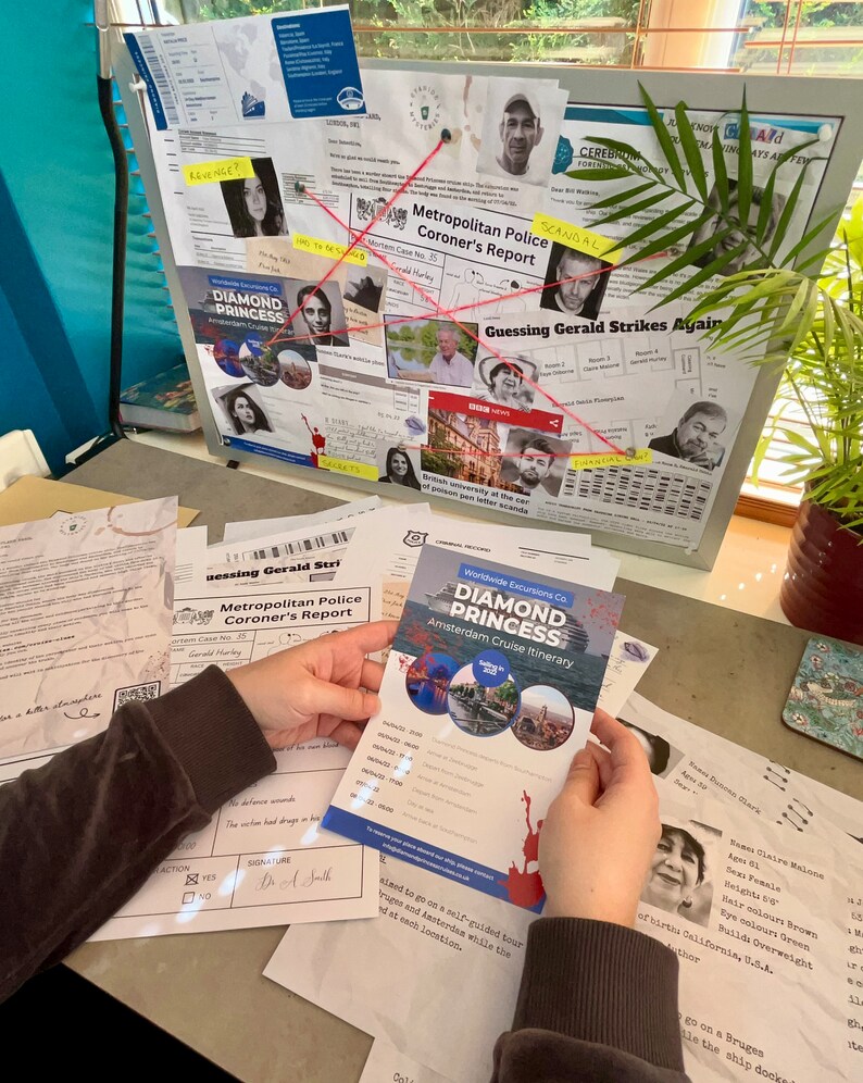 May include: A detective-themed scene with a corkboard featuring photos, notes, and red string connecting them. A brochure for the "Diamond Princess" Amsterdam cruise is held in the foreground. Documents and a plant are also visible.