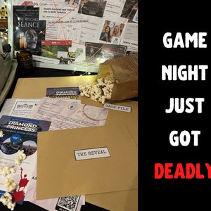 May include: A game night scene with a brown envelope labeled "The Reveal", a case file, popcorn, and a flyer for a Diamond Princess cruise. The text "GAME NIGHT JUST GOT DEADLY" is written in white and red letters on a black background.