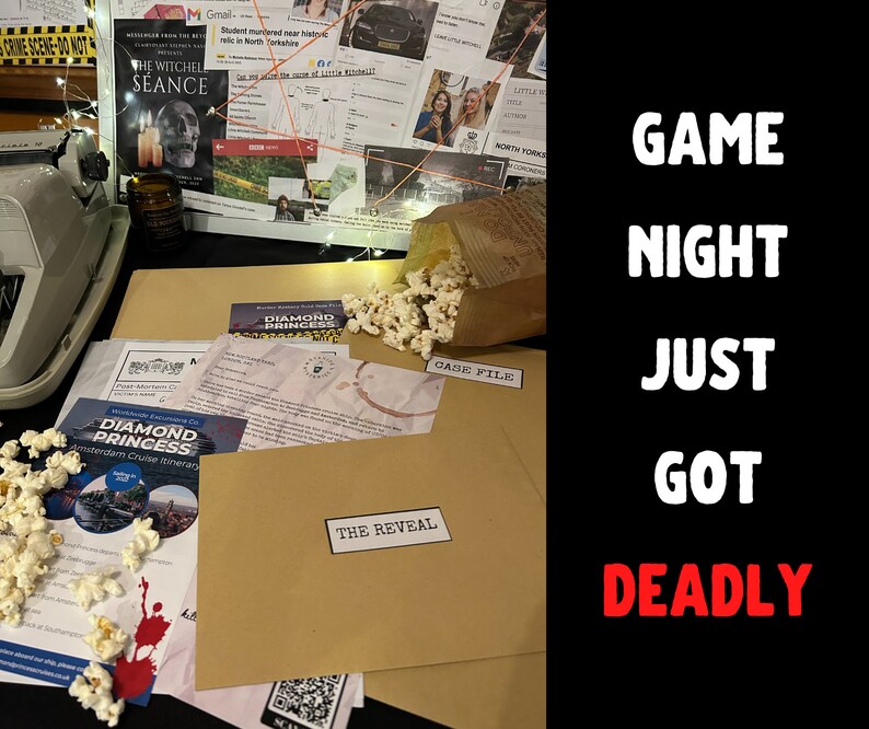 May include: A game night scene with a brown envelope labeled "The Reveal", a case file, popcorn, and a flyer for a Diamond Princess cruise. The text "GAME NIGHT JUST GOT DEADLY" is written in white and red letters on a black background.