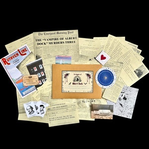May include: A collection of vintage-style papers and documents, including a newspaper headline that reads "The "Vampire of Albert Dock" Murders Three."  The papers are scattered on a dark surface, with a few pieces of paper folded and some lying flat.