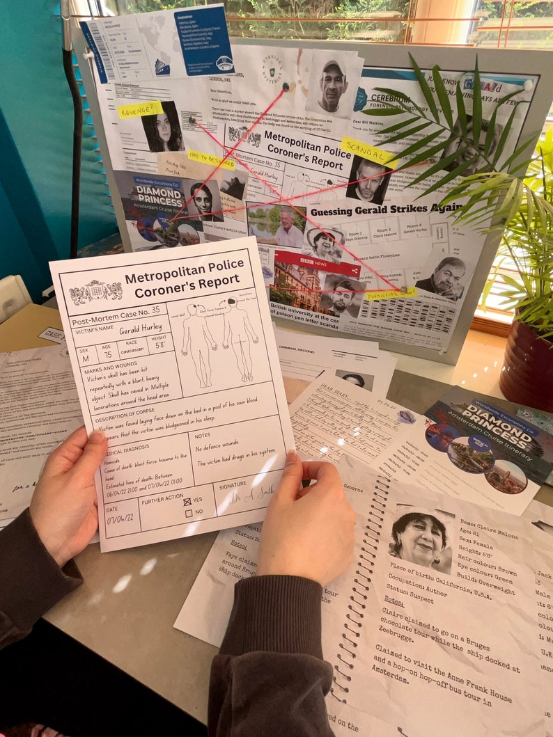 May include: A crime scene investigation board with photos, notes, and a coroner's report. The report details a post-mortem case with the victim's name, age, and cause of death. A spiral notebook and other documents are also present, suggesting a detective theme.