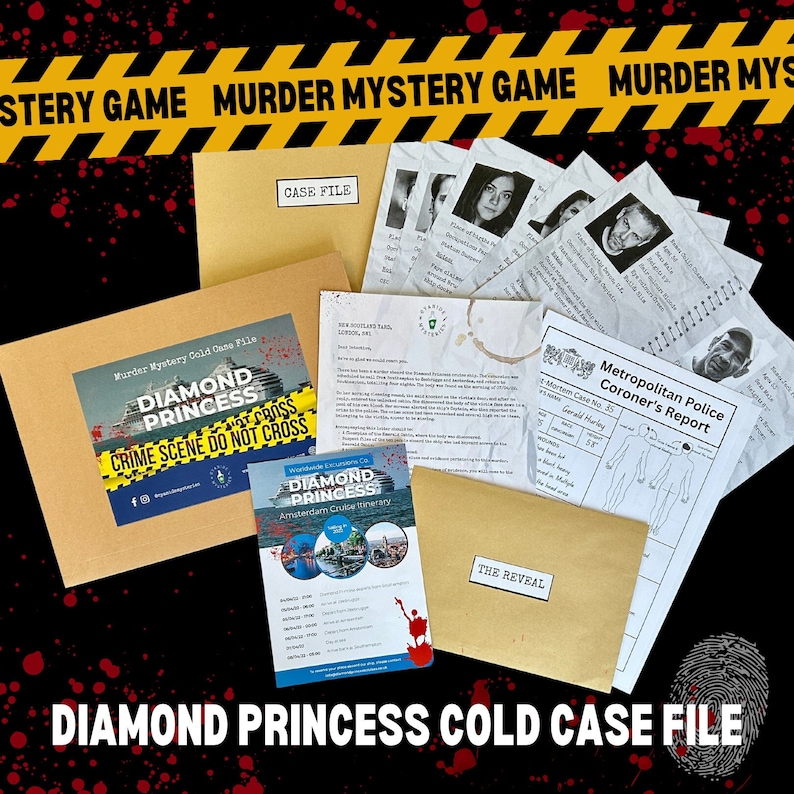 May include: A brown cardboard box with the words "Diamond Princess Cold Case File" and "Crime Scene Do Not Cross" printed on it. The box is open and contains a variety of documents and papers, including a police report, a coroner's report, and a letter. There is also a small brochure for a cruise ship called the "Diamond Princess".