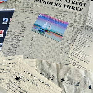 May include: A collection of vintage documents and papers related to a murder mystery. The documents include a newspaper clipping with the headline "The "Vampire of Albert Dock" Murders Three", a passenger manifest, and a handwritten eyewitness account. The documents are scattered on a wooden surface.