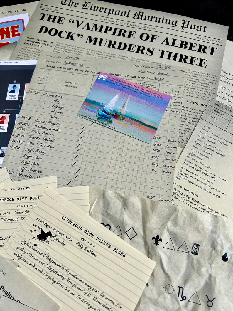 May include: A collection of vintage documents and papers related to a murder mystery. The documents include a newspaper clipping with the headline "The "Vampire of Albert Dock" Murders Three", a passenger manifest, and a handwritten eyewitness account. The documents are scattered on a wooden surface.