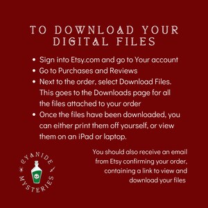 Pu&ograve; includere: Sfondo rosso con testo bianco che spiega come scaricare i file digitali acquistati su Etsy.com. Il testo include istruzioni su come accedere ai file e visualizzarli su un computer o un tablet. Un logo per Cyanide Mysteries si trova nell'angolo in basso a sinistra.