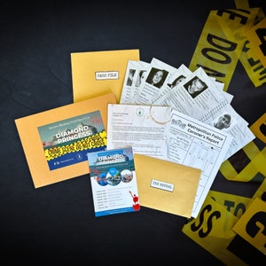 May include: A murder mystery game with a case file, police report, and clues. The game is themed around a cruise ship called the Diamond Princess. The game includes a crime scene do not cross sign, a map, and a reveal envelope.