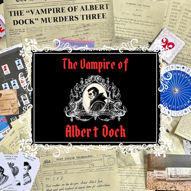 May include: A vintage-style poster with a black background and white ornate frame. The poster features a red and white illustration of a vampire with the text "The Vampire of Albert Dock" in red.