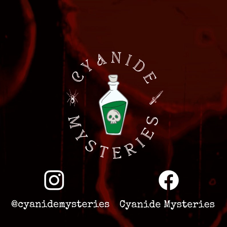 May include: A logo for a brand called "Cyanide Mysteries" featuring a green poison bottle with a skull and crossbones, a spider, a dagger, and the words "Cyanide Mysteries" in a circle around the bottle.
