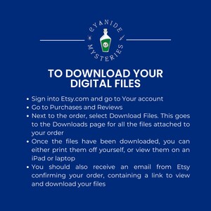 May include: Dark blue graphic with the text "TO DOWNLOAD YOUR DIGITAL FILES". Instructions include signing into Etsy, going to Purchases and Reviews, and selecting Download Files. A logo with a skull and crossbones is at the top.
