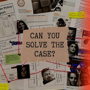May include: A crime scene investigation theme with evidence, photos, and the text "CAN YOU SOLVE THE CASE?". Documents include a police report, university records, and notes. Red string connects photos of people, suggesting a mystery.