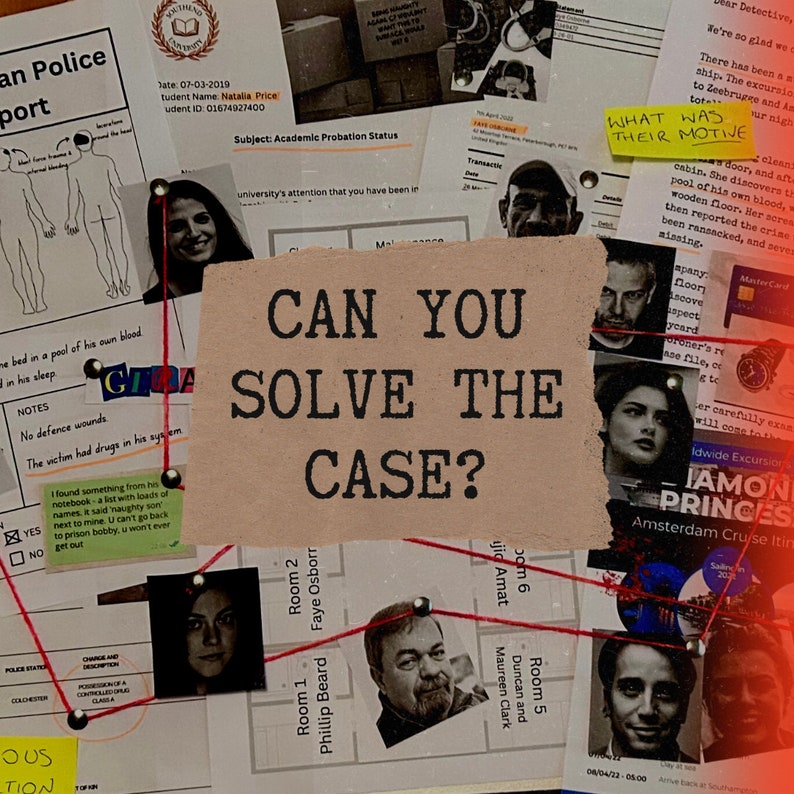 May include: A crime scene investigation theme with evidence, photos, and the text "CAN YOU SOLVE THE CASE?". Documents include a police report, university records, and notes. Red string connects photos of people, suggesting a mystery.