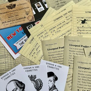 May include: A collection of vintage ephemera, including a ticket to a performance of Jack and the Beanstalk at the Alexandra Theatre & Opera House in Liverpool, England. The ticket is dated September 18th, 1892. There are also several vintage cigarette cards featuring Shakespeare and Henry VIII, as well as a handwritten document with a list of names and dates.