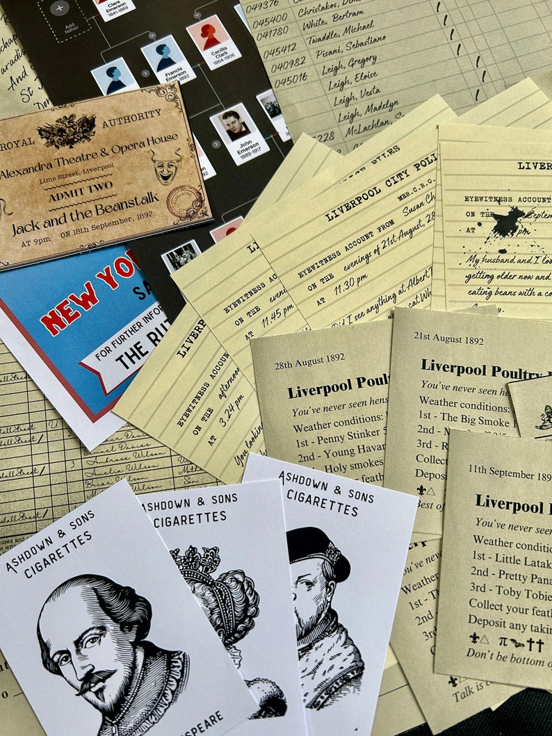 May include: A collection of vintage ephemera, including a ticket to a performance of Jack and the Beanstalk at the Alexandra Theatre & Opera House in Liverpool, England. The ticket is dated September 18th, 1892. There are also several vintage cigarette cards featuring Shakespeare and Henry VIII, as well as a handwritten document with a list of names and dates.