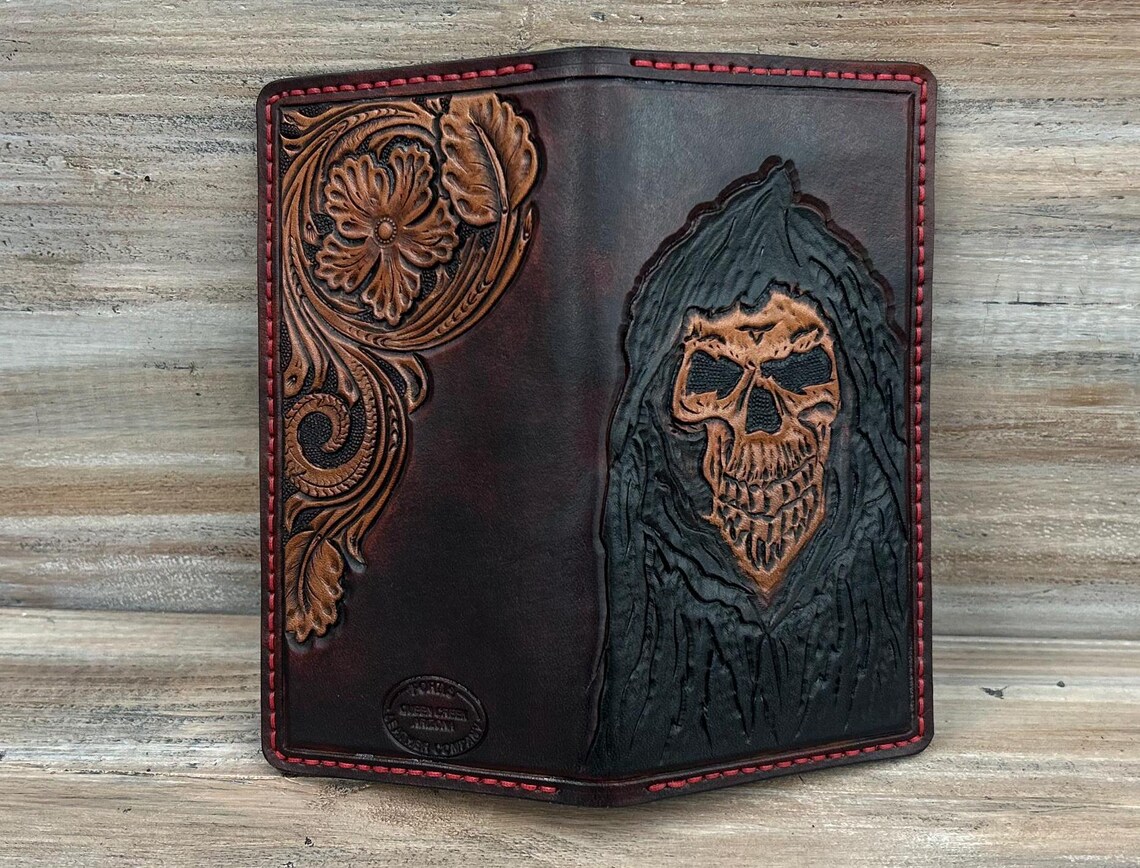 Perfect Gift. Hand Tooled Leather Roper Reaper Wallet. Hermann Oak Full ...