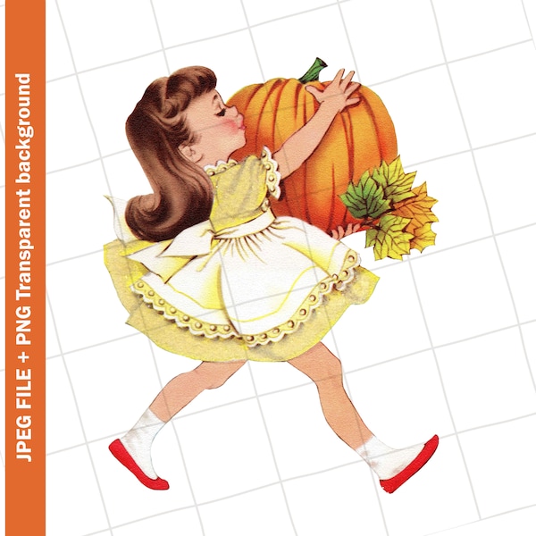 Download | Girl in Yellow Dress Pumpkin Thanksgiving Fall Vintage Greeting Card Clip Art Image #116 PNG