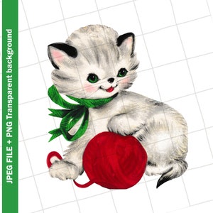 Digital | Christmas Kitten Cat with Green Bow Vintage Greeting Card Graphic Clipart Image | PNG JPEG