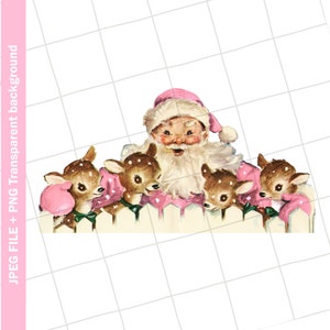 Clipart vintage digital | Imagem gráfica do cartão cor-de-rosa do Natal da rena de Santa | PNGJPEG