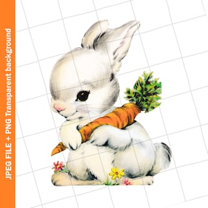 Digital Vintage Clipart / Conejito Blanco Zanahoria Pascua Primavera Tarjeta de Felicitación Imagen Gráfica / PNG JPEG