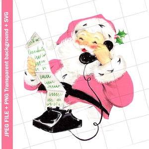Digital | Pink Santa Claus Christmas Vintage Greeting Card Clip Art Graphic Image Sublimation Instant Download JPEG PNG