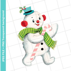 Digitaal | Sneeuwpop Candy Cane sjaal Winter Vintage wenskaart Clipart afbeelding PNG JPEG