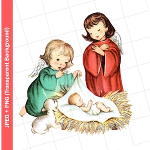 Vintage Digital Clipart | Nativity Manager Children Christmas, Vintage Greeting Card, Clip Art, Graphic, Image, Sublimation, PNG JPEG