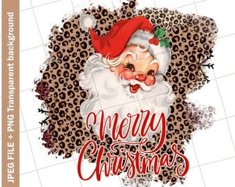 Vintage Clipart | Leopard Santa Claus #23 Word Art Merry Christmas Vintage Greeting Card Clip Art Graphic Image Sublimation PNG JPEG