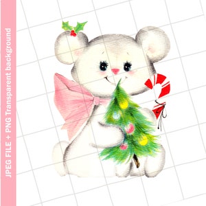 Digital | White Baby Polar Bear Christmas Tree Vintage Greeting Card Image Clipart Graphic | PNG