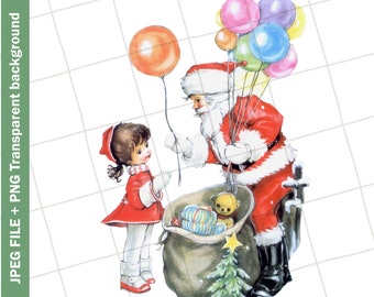 Digital | Santa Girl Balloons Christmas Vintage Greeting Card Image Clipart Graphic | PNG