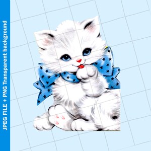 Clipart numérique vintage | Sublimation d'image graphique de carte de voeux bleu de chat blanc | PNG JPEG