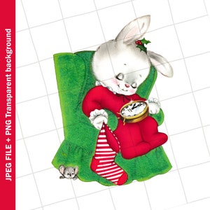 Vintage Digital Clipart | Bunny Rabbit White Green Chair Christmas Graphic Image Sublimation | PNG JPEG