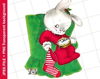 Vintage Digital Clipart | Bunny Rabbit White Green Chair Christmas Graphic Image Sublimation | PNG JPEG