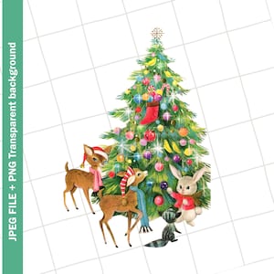 Vintage Clipart | Green Christmas Tree Woodland Deer Bunny Vintage Greeting Card Clip Art Graphic Image Sublimation PNG JPEG