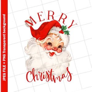 May include: Vintage illustration of Santa Claus with a red hat and white beard. The words "MERRY Christmas" are written in red script above and below Santa's face. The image has a transparent background.