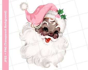 Vintage Digital Clipart | Pink Santa Claus African American Christmas Vintage Greeting Card Clip Art Graphic Image Sublimation PNG JPEG