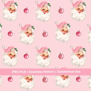 Vintage Seamless Pattern | Santa Face Pink Surface Pattern, Repeating Christmas Print