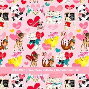 Padrão sem costura vintage | Padrão de superfície rosa animal dos namorados, estampa repetida dos namorados