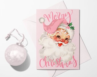 Printable Card | Pink Santa Claus, Christmas Vintage Greeting Card Reproduction, JPEG, PDF