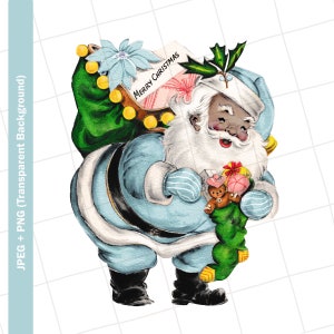 Digital Download | Blue Santa Claus African American Christmas Vintage Greeting Card Clip Art Graphic Image Sublimation PNG
